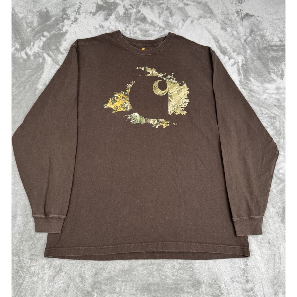 Carhartt Shirt Mens L Brown Long Sleeve Original Fit Camo Logo Workwear Crewneck